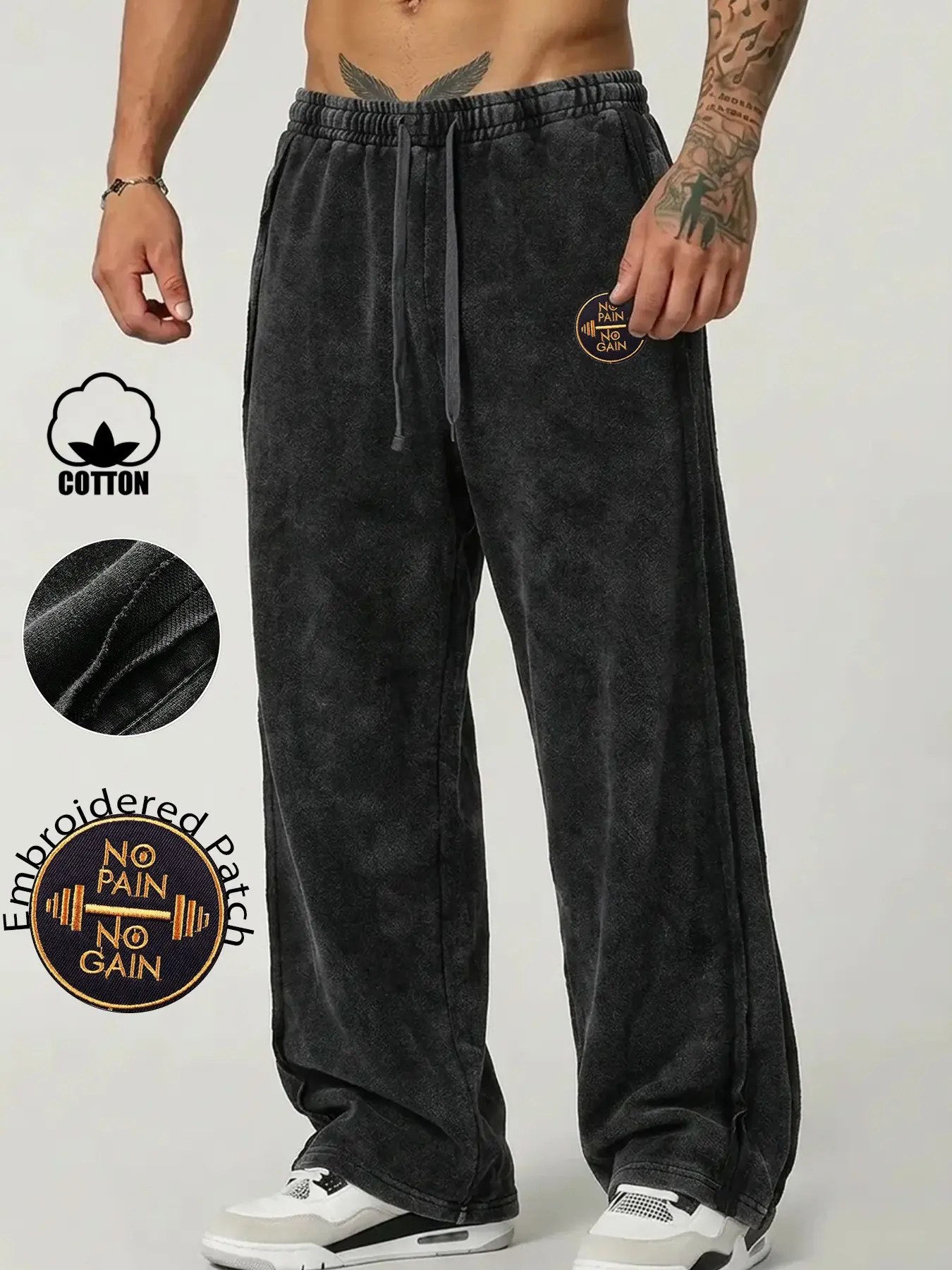 Men's Vintage Washed Cotton Wide-Leg Sweatpants with "No Pain No Gain" Barbell Embroidered Patch, Athleisure American Streetwear Baggy Trousers, Workout Pants, Suitable for Weightlifting, Gym Training, Outdoor Hiking & Daily Commute Outfits