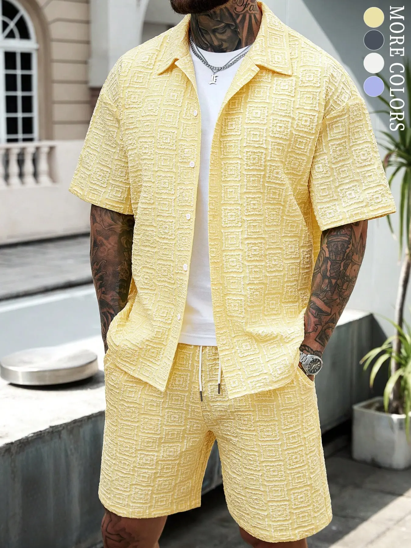 Men's Two-Piece Set Plain Short Sleeve Shirt and Shorts, Casual Button-Down Top and Shorts, for Summer Vacation and Beach