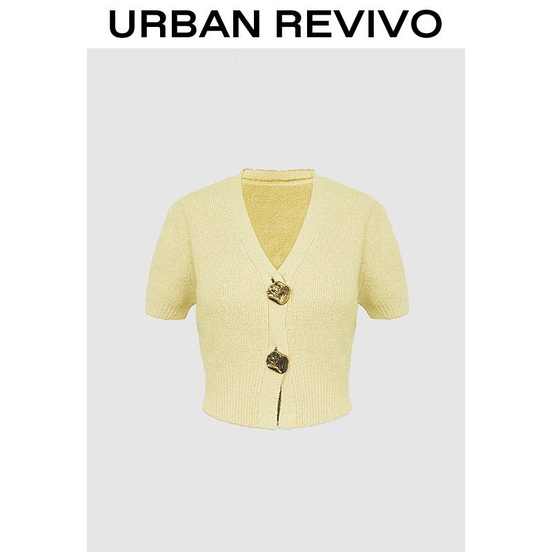 URBAN REVIVO Minimalist V-Neck Short-Sleeve Knit Cardigan Chunky Metal Button Detail Cropped Top SpringStatements URBAN REVIVO Minimalist V-Neck Short-Sleeve Knit Cardigan Chunky Metal Button Detail Cropped Top SpringStatements