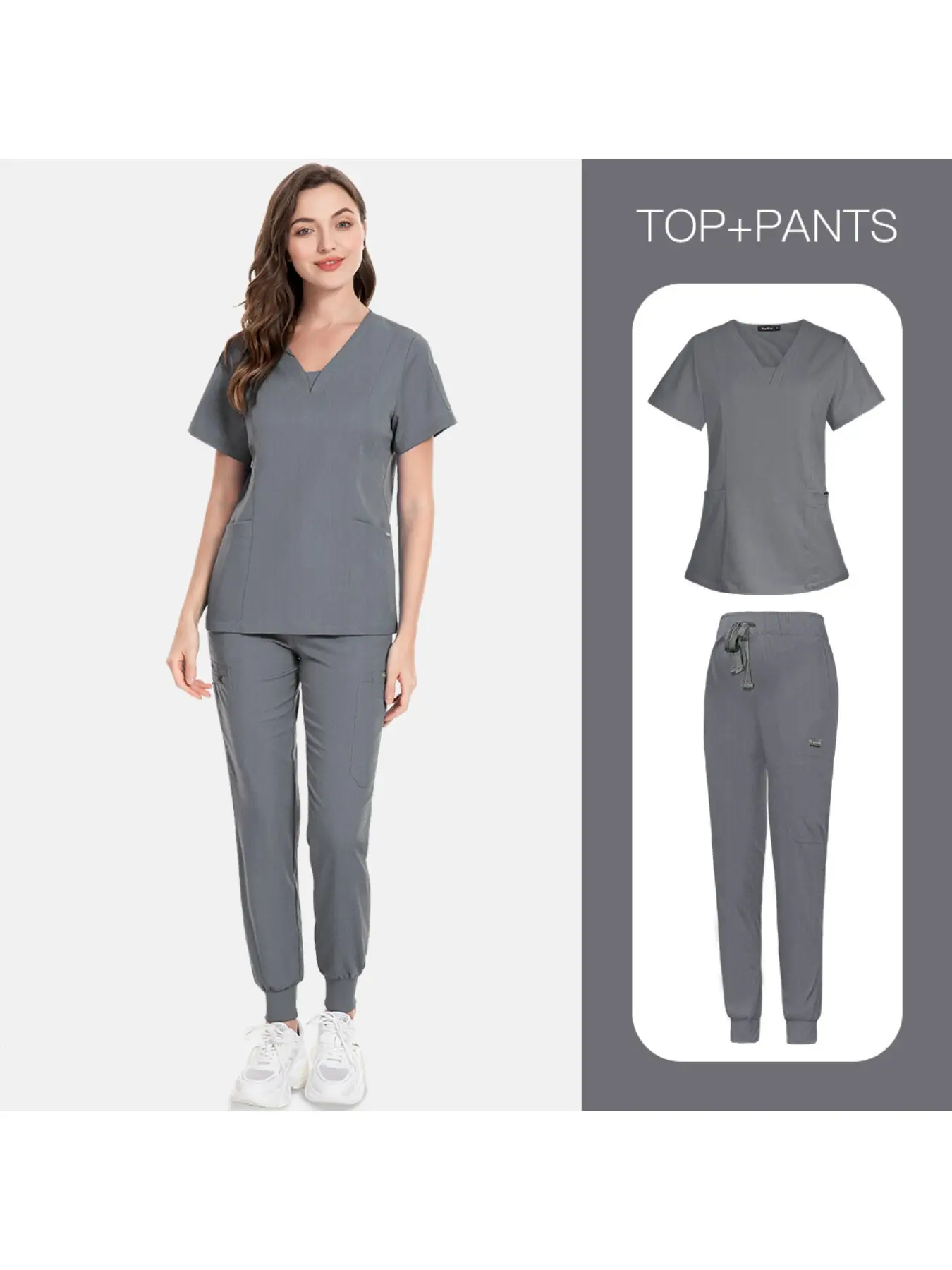 V Neck Short Sleeve Casual Scrub Set Stretch Top Jogger Pants With Pockets Nursing Uniform For Doctors Nurses
