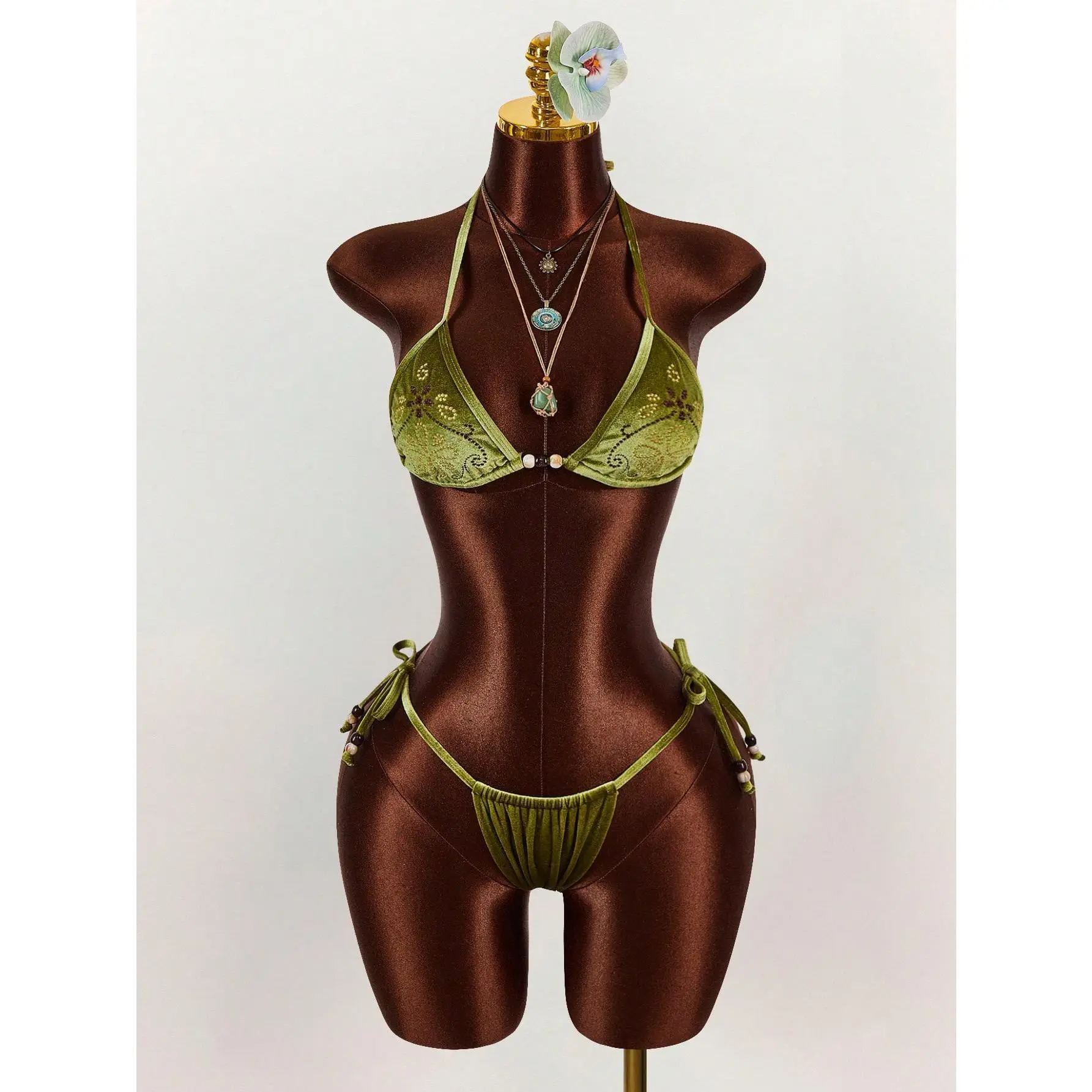 Women's Sexy Bohemian Bikini Set with Beaded Embroidery, 2-Piece Halter Triangle Top and High Rise Bottoms, Green Stretch Swimsuit, Satin, Embroidered, Elastane, All Seasons, Halter Neck, Machine Washable, Polyester, Synthetics