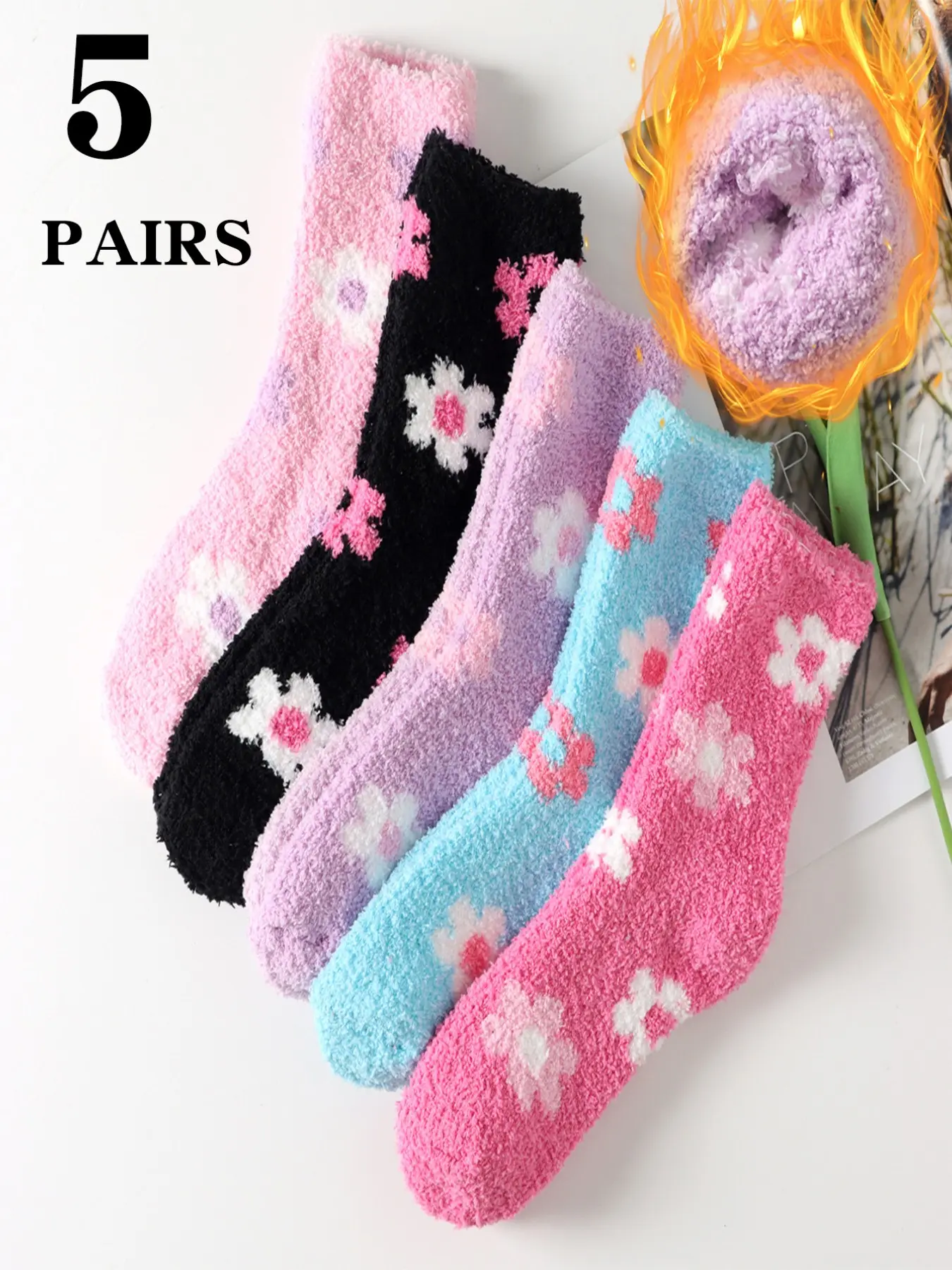 5 Pairs Daisy Print Coral Fleece Mid-Calf Socks, Cozy Home Sleep Socks, Soft and Warm, Perfect for Relaxing at Home