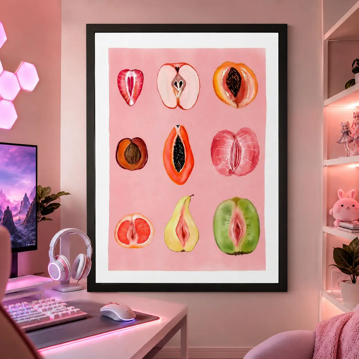 "Sliced Feminine Fruit" Vintage Signed Poster Print - Women's Body Empowerment Decor, Waterproof Wall Art, Whimsical Room Decor, Bedroom Kitchen Cover Art, Canvas Wall Art, Framed, Feminine, Kitchen, Gift Idea, Home Decor