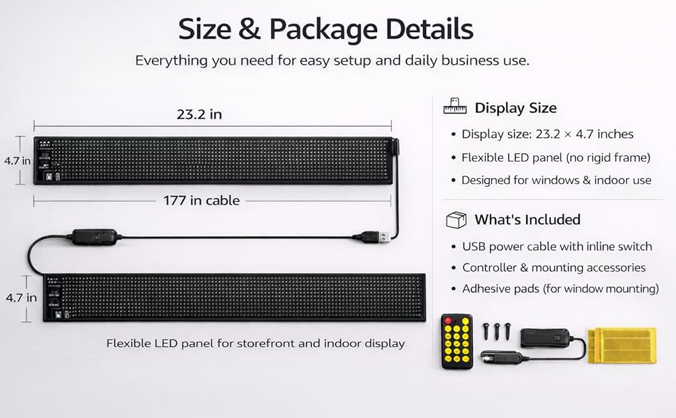 Programmable LED Message Board, Digital Scrolling Sign with App Control for Store Window, Shop, Bar, and Car Display, USB Powered (23 x 4Inch)