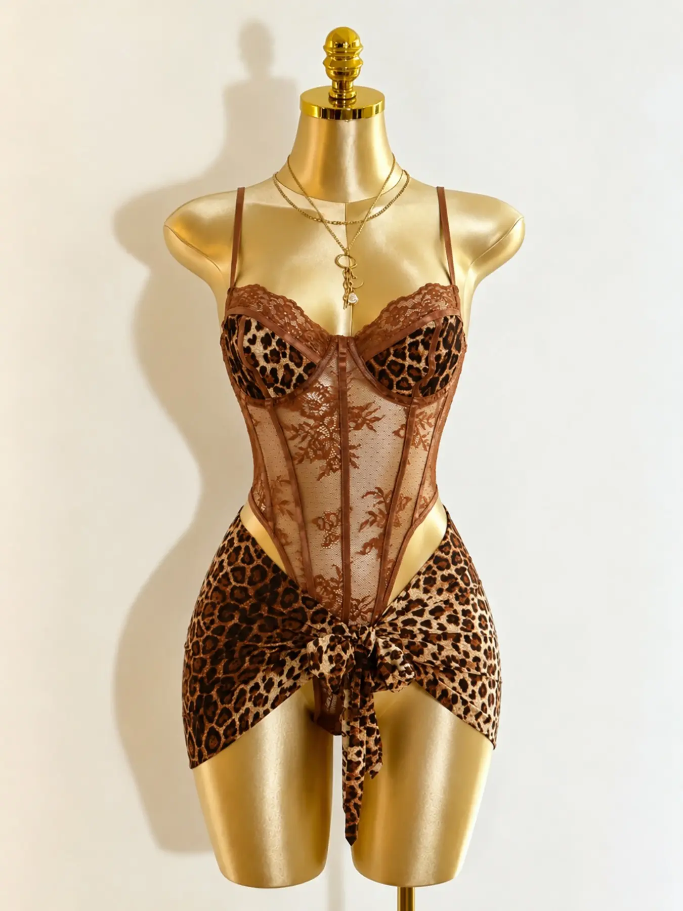 Women 2pcs Sexy Bodysuit Skirt Set, Leopard Print Sheer Lace Mesh Corset, Bodycon Mini Skirt Lingerie, Night Out, Spaghetti Strap, Lace Underwear Set