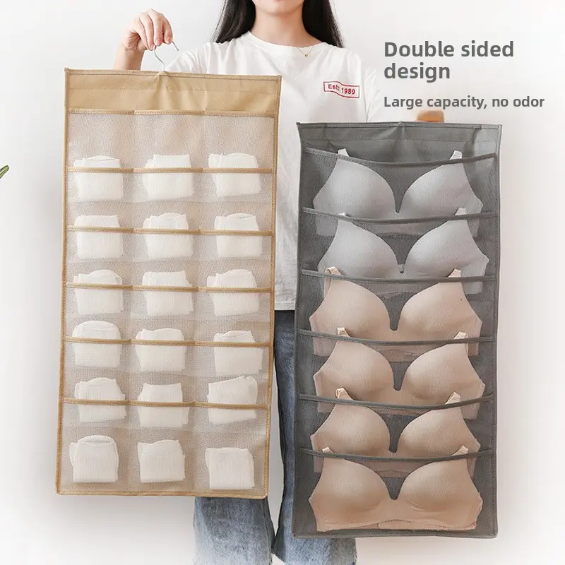 Double Sided Hanging Organiser, Functional Fabric Wardrobe Storage with Mesh Pockets, Hangable Closet Solution for Underwear & Socks