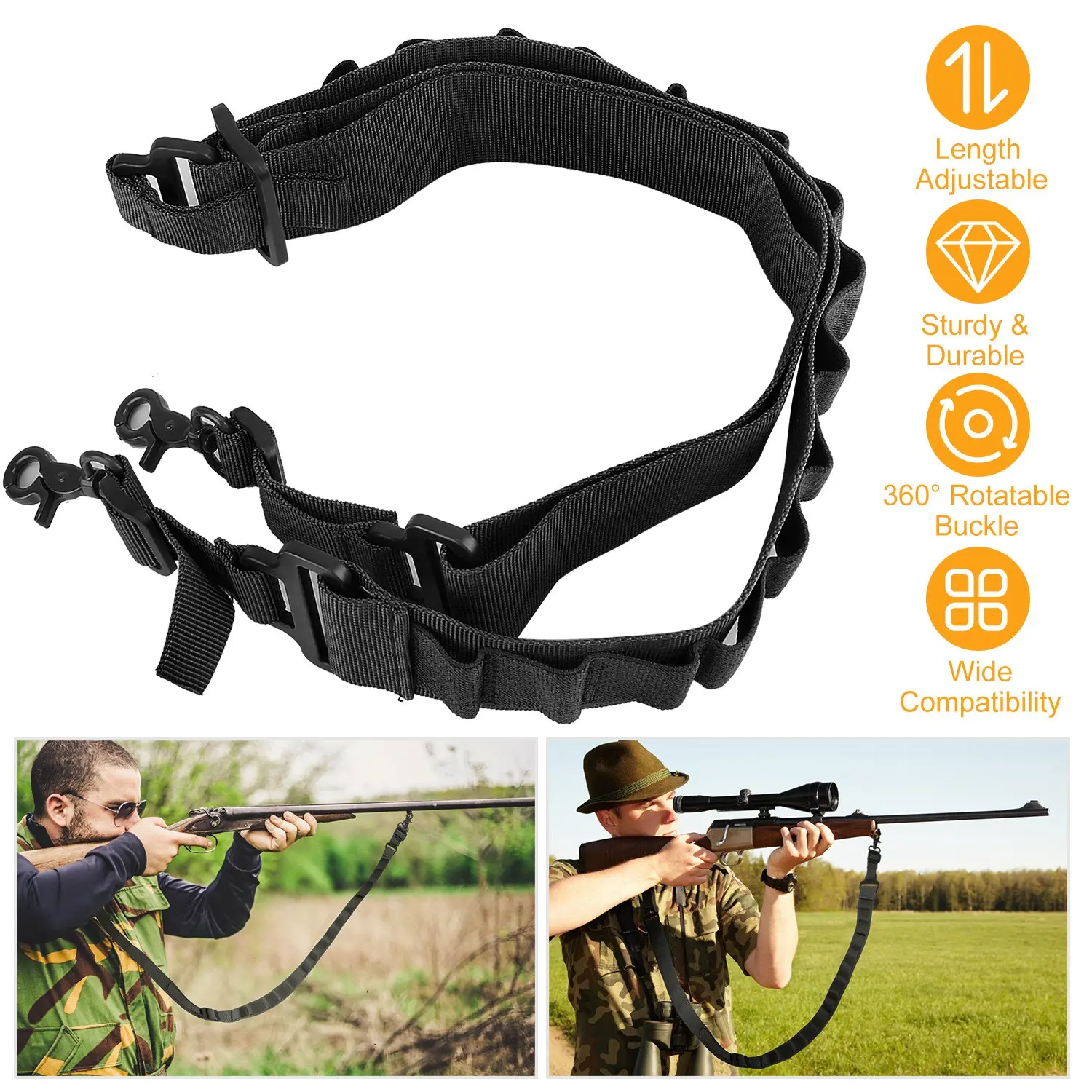 Tactical Shotgun Sling – 2-Point Adjustable Fit Functional Gear with 15-Shot Shell Holder, Nylon Webbing Shoulder Strap for Rifle & Shotgun Outdoor Hunting Use, Quick Detach