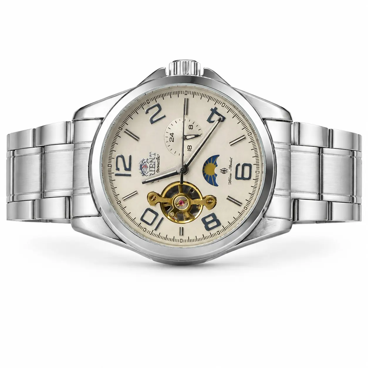 Men's Open Heart Automatic Mechanical Watch - Luminous Stainless Steel Wristwatch with Sun Moon Phase Display for Business Casual Outfits