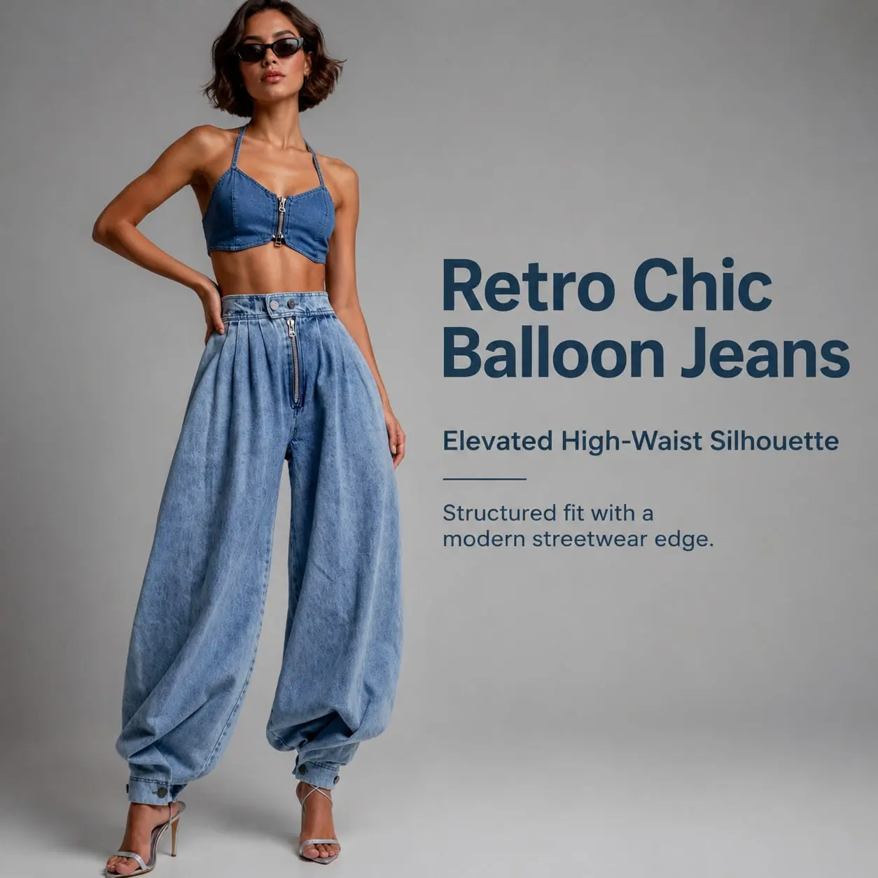 Women's High-Waist Double-Button Exposed-Zipper Pleated Balloon Denim Jeans - Button-Cuffed Hem, Baggy Wide-Leg Streetwear Bottoms with Minimalist Vibe & Premium Fabric, Adjustable, Crop, Soft, Basic, Hip, Elastic