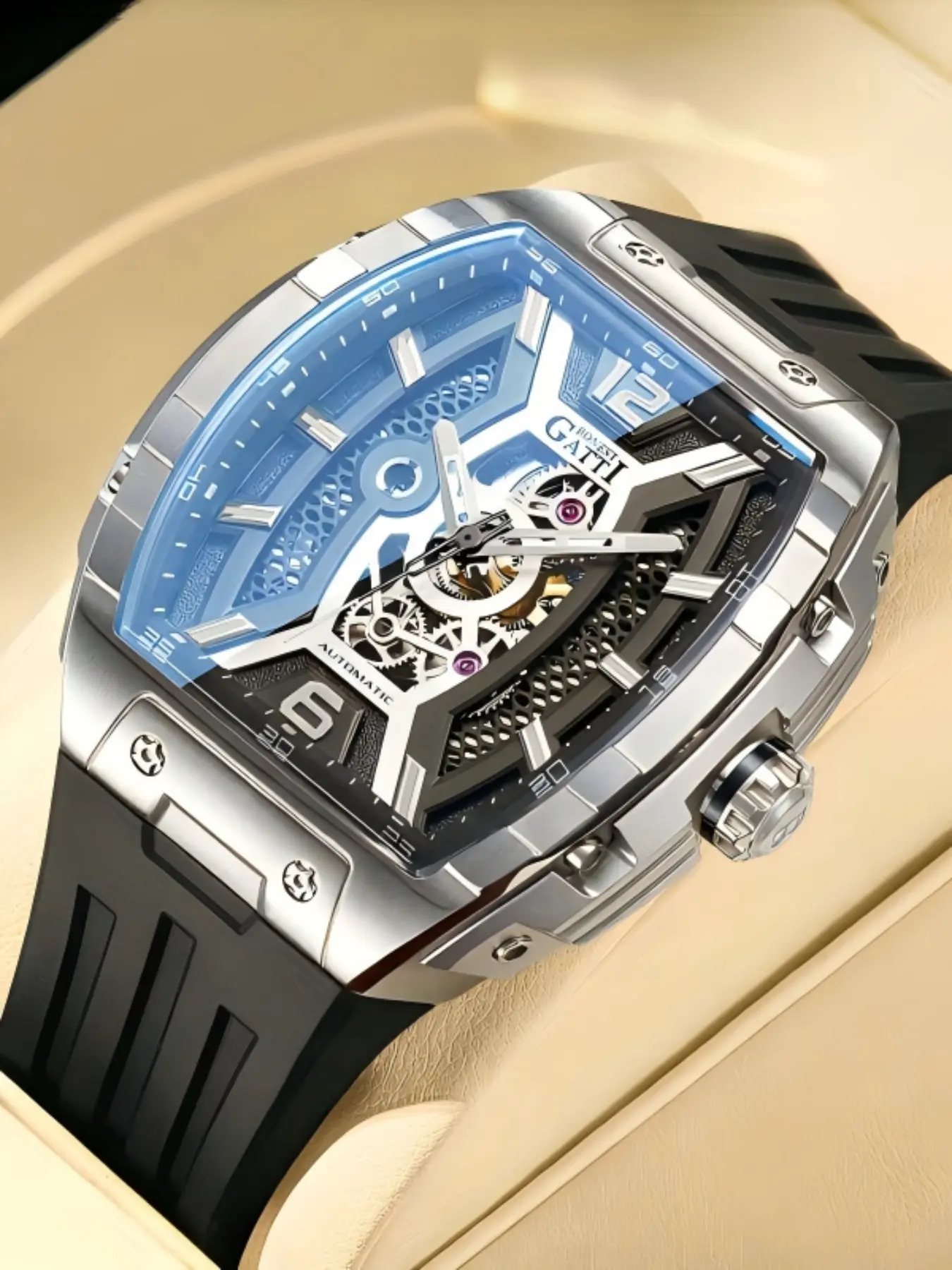 Bonest Gatti Men's Mechanical Watch, Full Skeleton Automatic Movement, Cyberpunk Style, Fluorine Rubber Strap, Scratch-Resistant, Gift Recommendation Bg5601