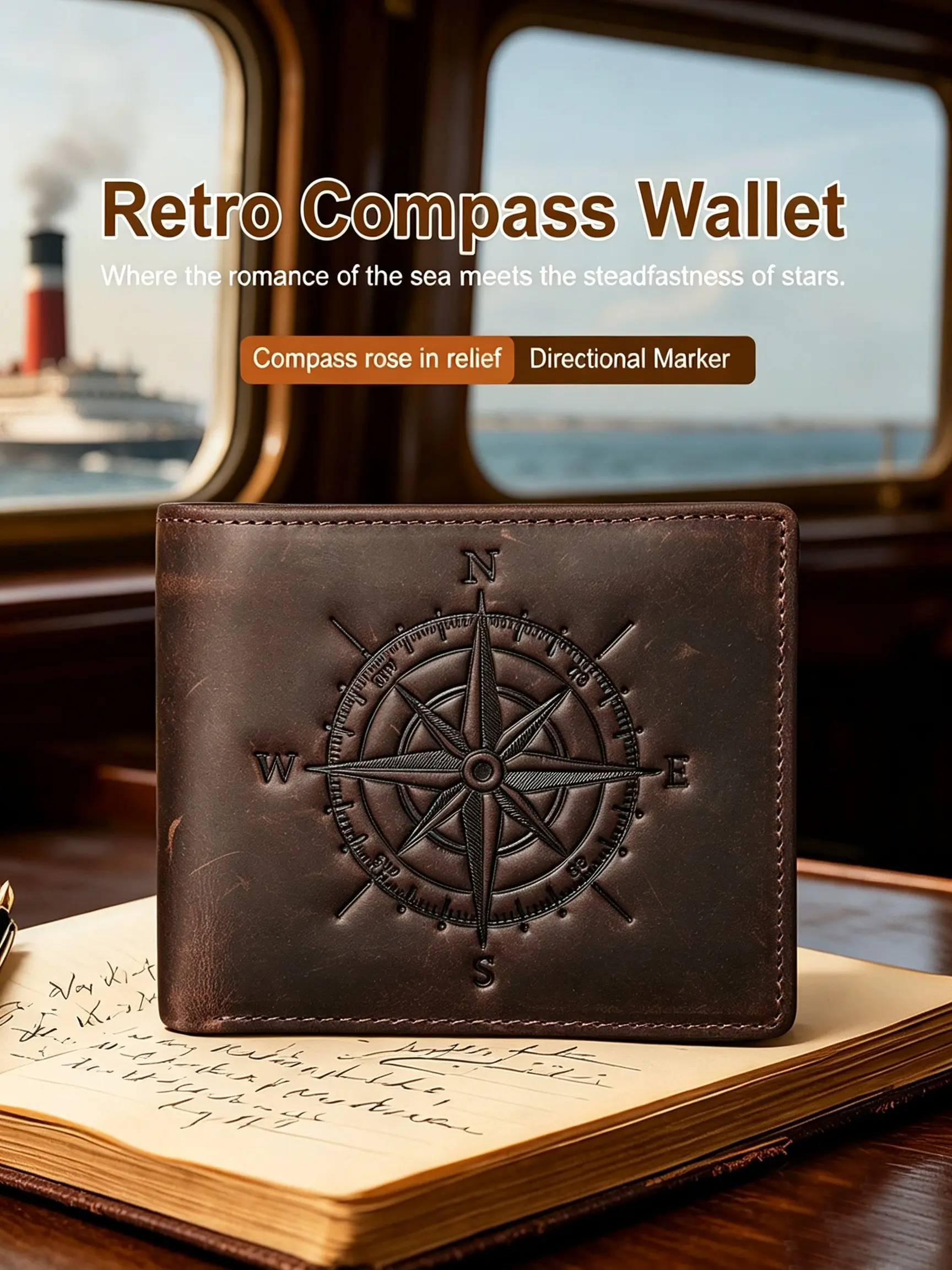 Men's Short Wallet, Crazy Horse Leather, High-End Compass Pattern, Multi-Functional Anti-Theft Billfold, Stylish Men's Accessories