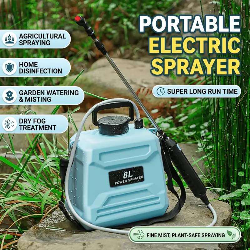 1.35-gallon/5-liter and 2.11-gallon/8-liter battery-powered sprayers with USB charging handles, portable sprayers, Misting, Bug Sprayer, Insect Pest Control, 25.9-inch telescopic pole, 3 spray nozzles, and an adjustable shoulder strap