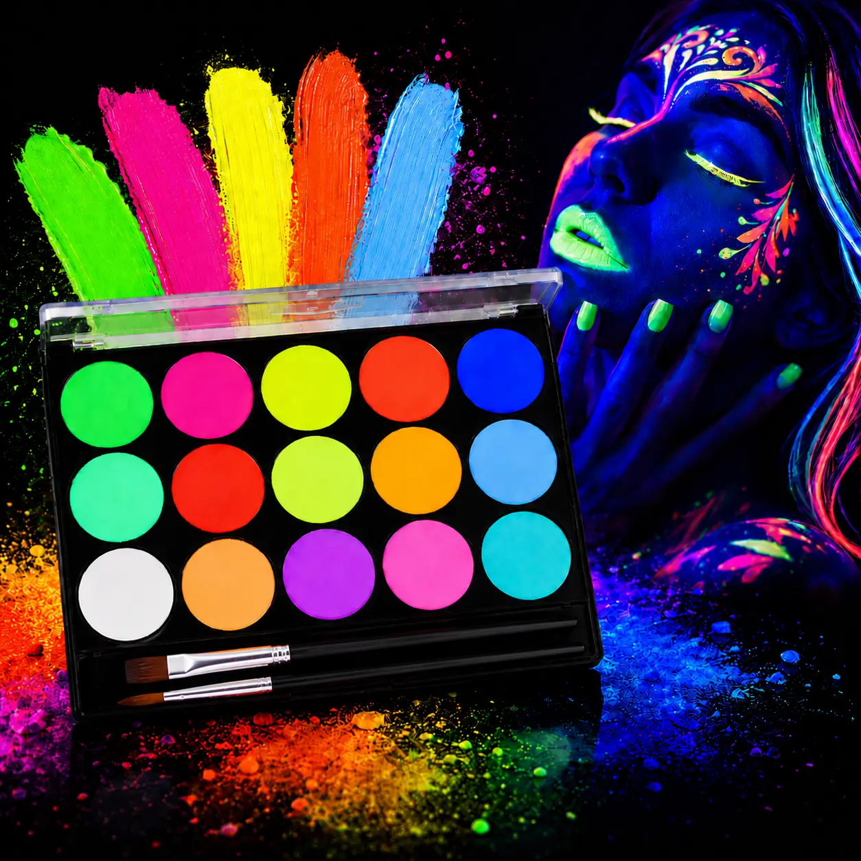 15 Color UV Reactive Glow Set, Neon Fluorescent Water Activated Colors, Blacklight Active Washable Color Collection for Halloween, Music Festivals, Night Events and Outdoor Fun