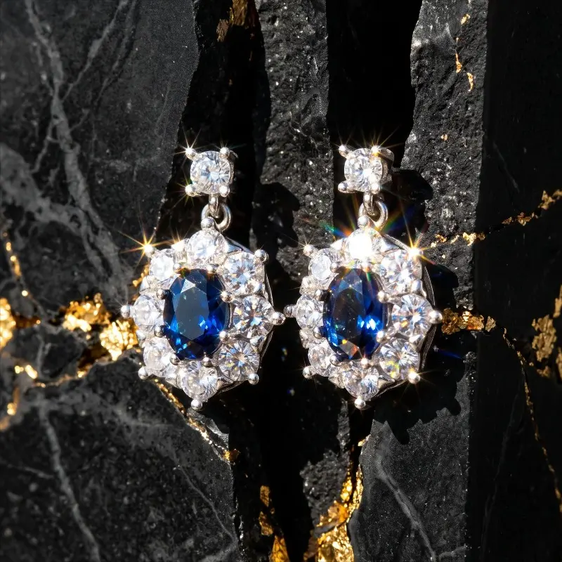 Elegant Sapphire Blue Moissanite Halo Drop Earrings, 925 Sterling Silver Thick Plated Brilliant Dangle Jewelry Gift for Women