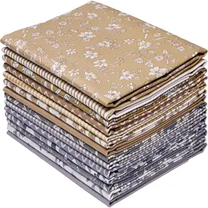 14Pcs Striped Gingham Solid Floral Print Fat Quarters Fabric Bundles 18x22 Inches Precuts Cotton Fabric Squares for Quilting, Sewing, Crafts, Pet, Home Décor, Apparel, Brown & Grey