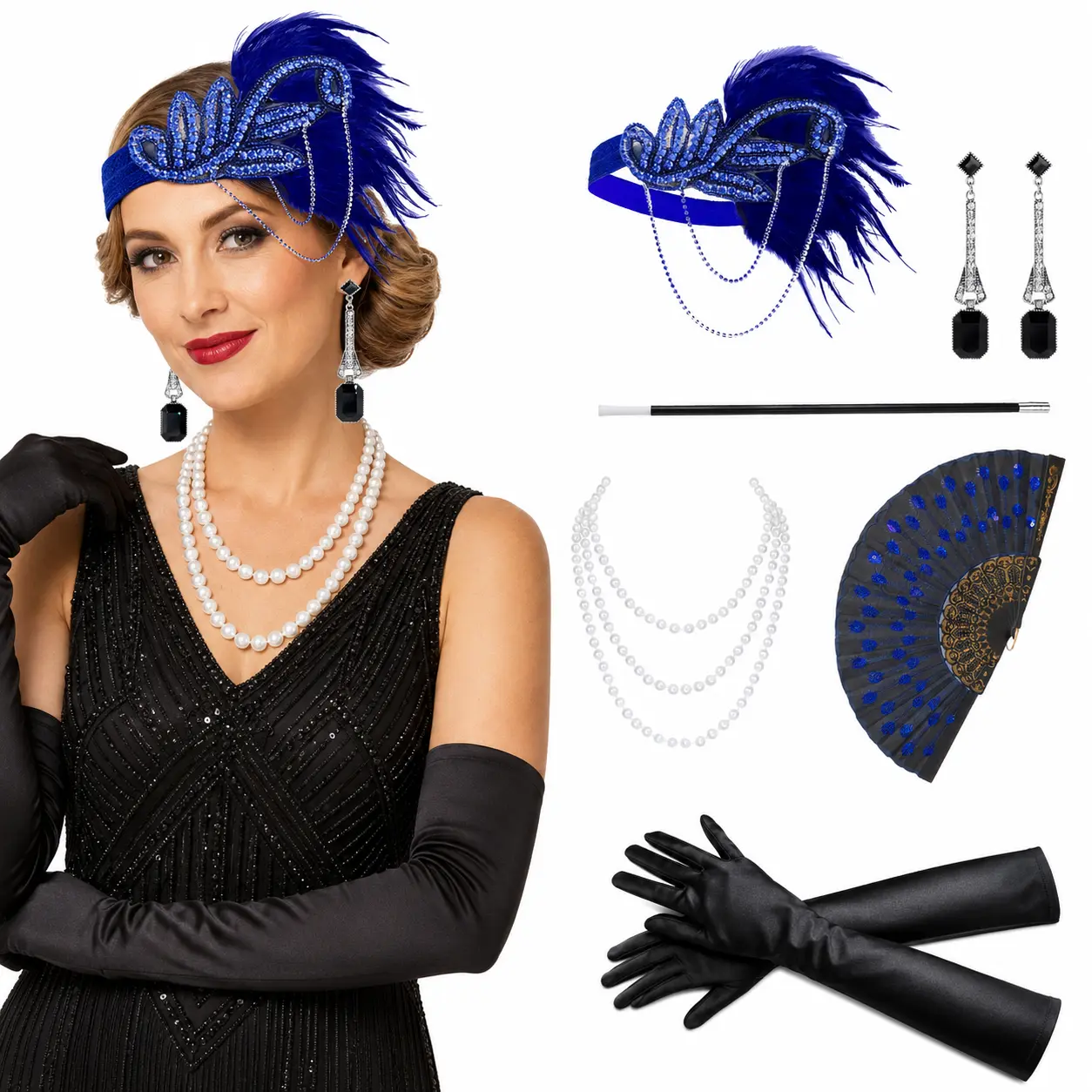 6PCS Blue 1920s Flapper Costume Accessories Set, Feather Headband, Gloves, Pearl Necklace, Fan, Earrings and Cigarette Holder
