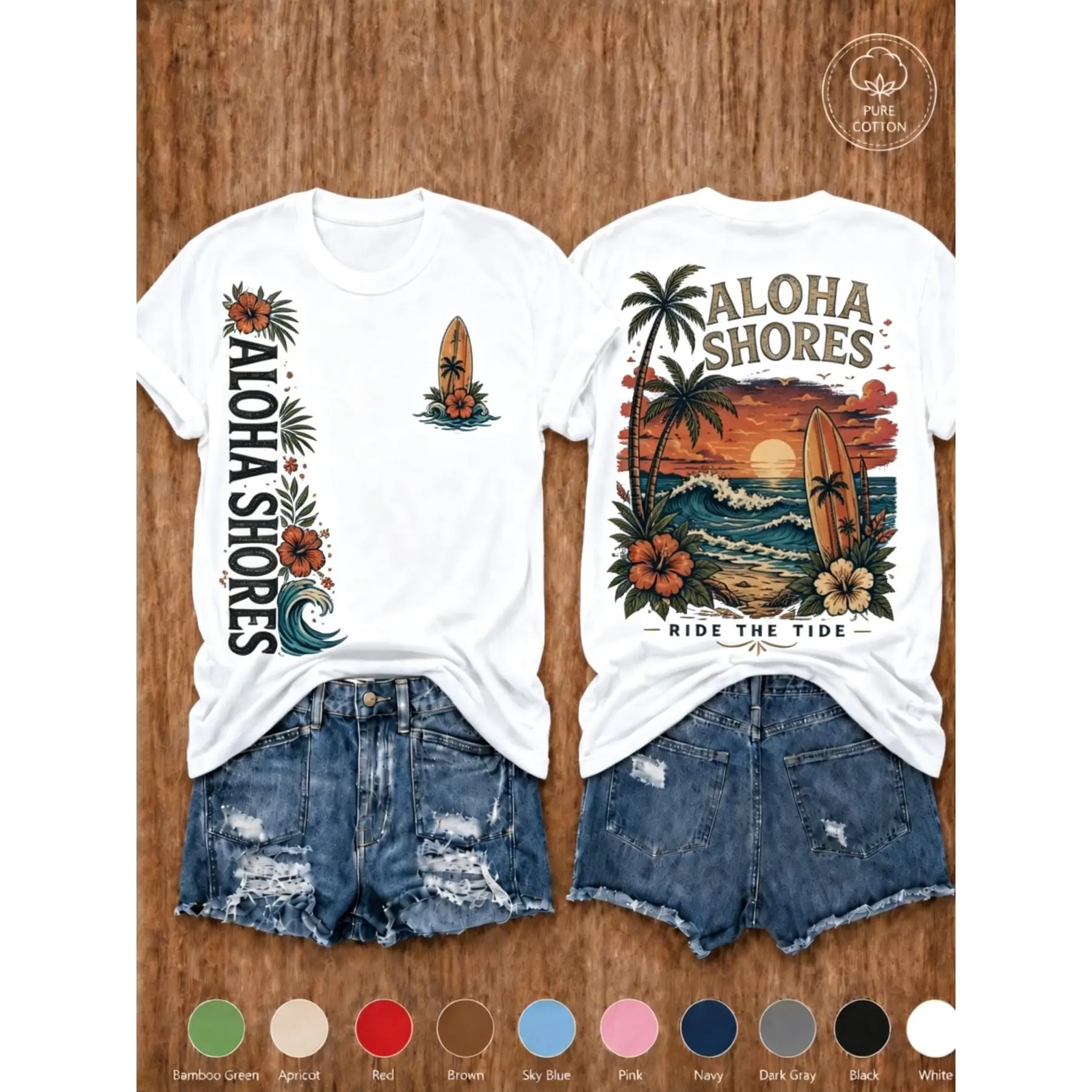 Women's Tropical Surfboard Wave Graphic Crew Neck Shortsleeve T-Shirt - Alloverprint, Floral, Palm Tree, Sunset Front&Back Print, Machine Wash Casual Sport Top for Surfing, Beach Travel