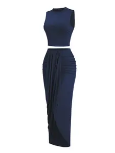 Women's Solid Crop Tank Top & Ruched Asymmetrical Hem Split Skirt Set, Casual Style Mock Neck Sleeveless Top & High Waist Wrap Skirt, Cute Summer Outfit