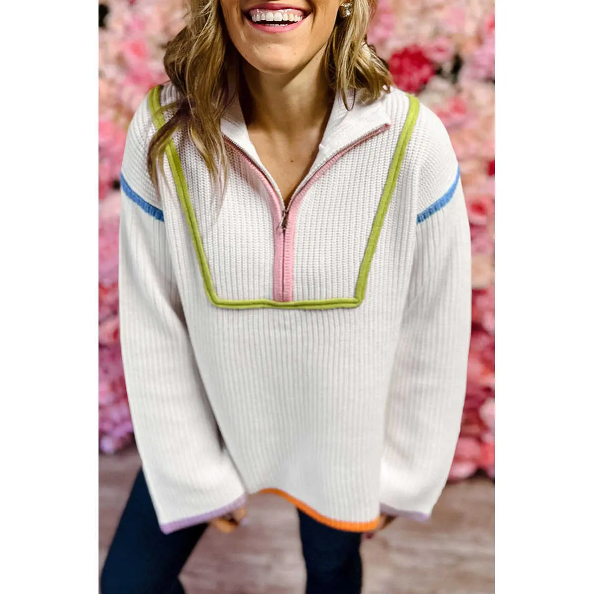 White Waffle Knit Multicolor Piped Trim Quarter Zip Drop Shoulder Sweater Women Oversized Preppy Colorful Fall Layering Pullover