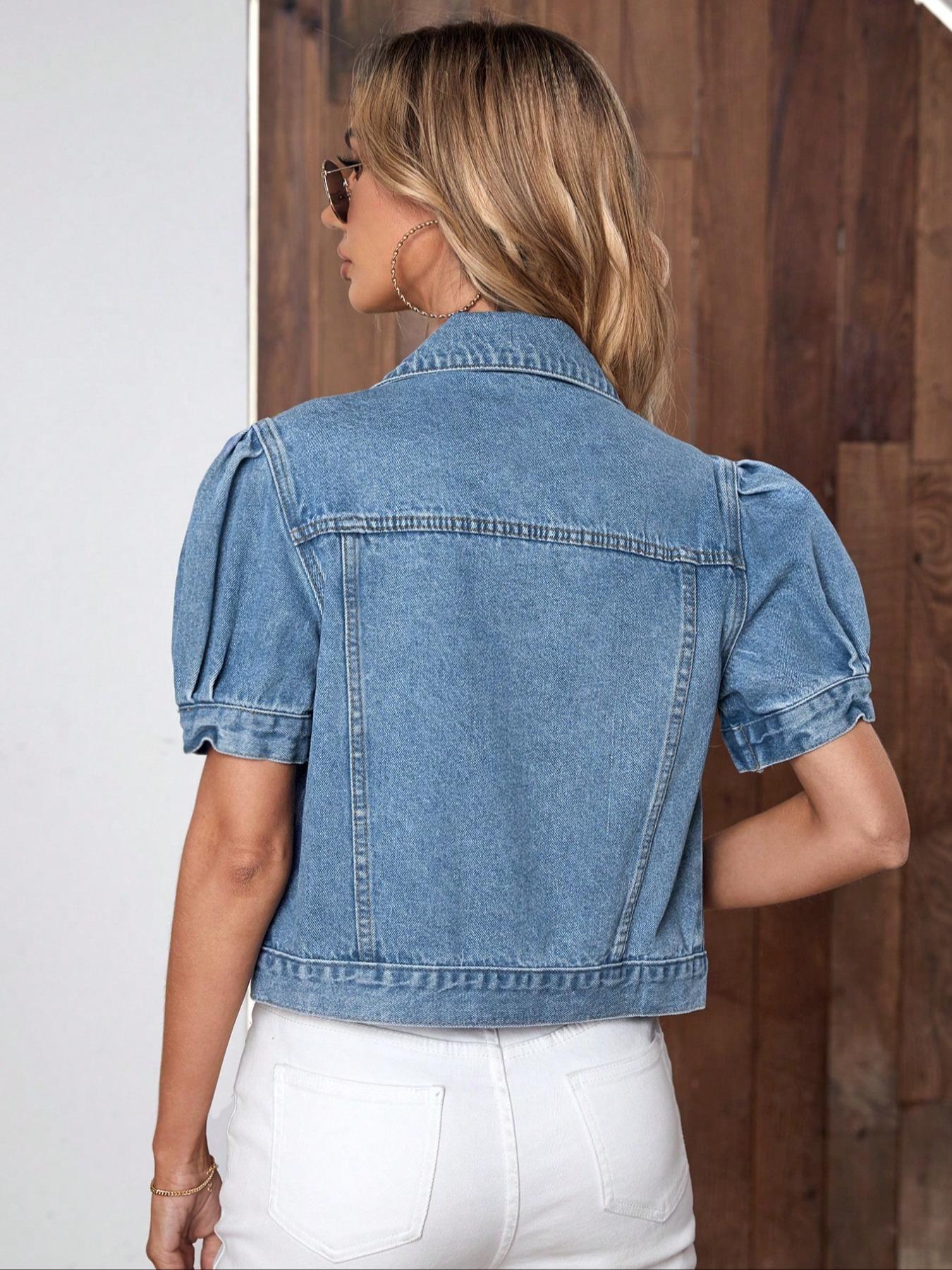 Women's Vintage Bubble Sleeve Denim Jacket, Summer Thin High Waist Crop Top, Casual Fashionable Short Jean Coat for Women