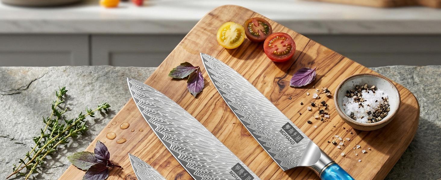 MDHAND Damascus Kitchen Knife Set 3PCS, Japanese VG10 Super Steel Core Professional Chef Knife Set, Ultra Sharp Professional Chef Knives with Azure Timber Collection Handle, Gifts for Men Women