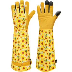 Gardening Gloves  Women, Rose Gloves Gardening Thorn Proof, Long Garden Gloves  Women, Breathable Cowhide Leather Gauntlet (Medium, Yellow