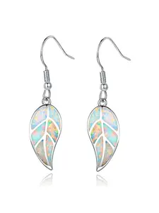 Elegant 18K White Gold Plated Leaf Opal Dangle Drop Earrings for Women Teen Girls Hypoallergenic Opal Jewelry Gift ,Anti Allergy
