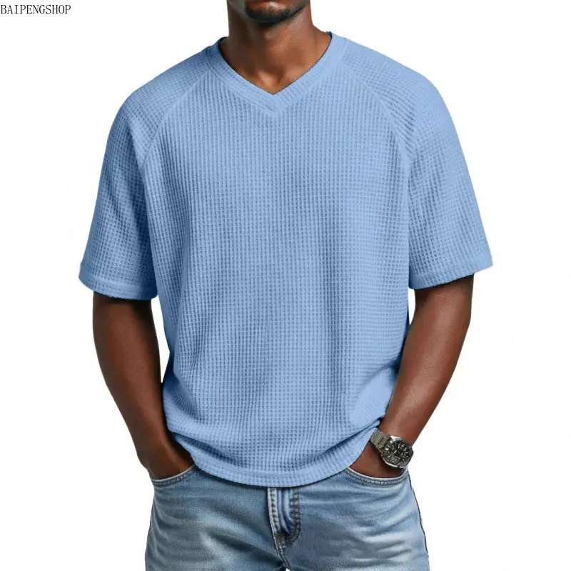 2026 Mens V-Neck Waffle Knit Short Sleeve T-Shirts - Breathable Soft Loose Fit Summer Menswear, Lightweight Daily Essential, Versatile Casual Plaid Pattern Tops for Sports Travel, Cotton Blend, All Seasons, Three-Dimensional Decoration