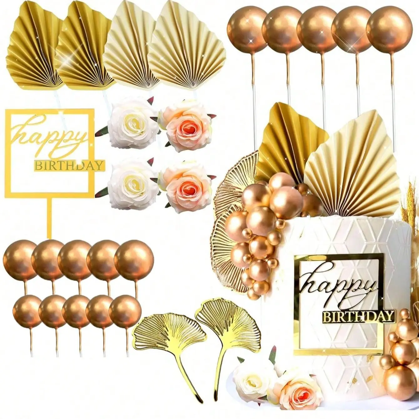 26 Bohemian Champagne Rose Cake Decor Balls, Gold Palm Leaf Cake Decoration, Birthday Cake Decorations, Bohemian Party Supplies for Weddings, Birthdays, Christmas
