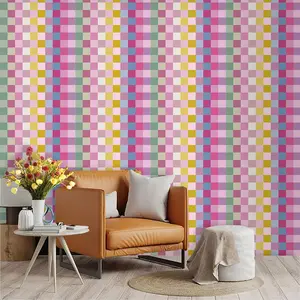 Macaron Rainbow Checkerboard Wallpaper, PVC Material, Self-Adhesive, Mould-Proof, Ideal for Kitchen/living Room/bedroom Decor