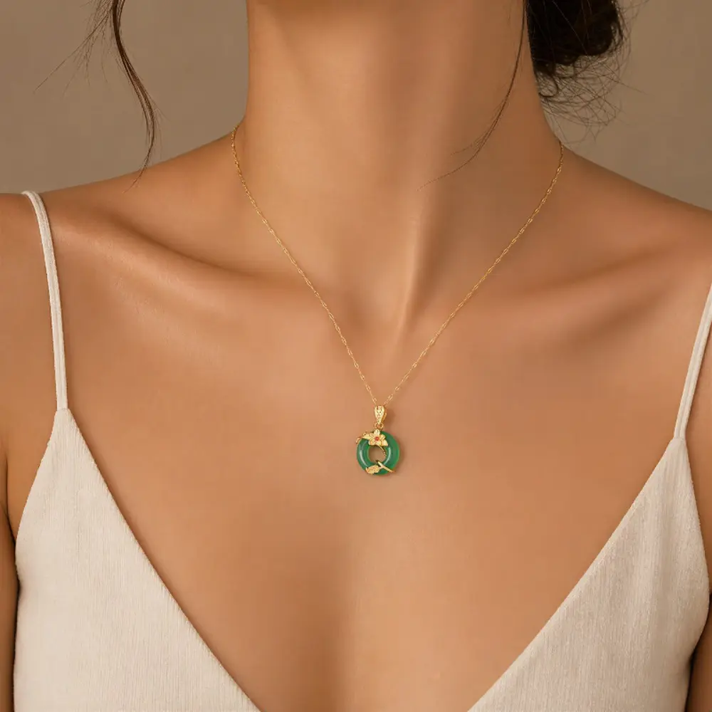 925 Silver Green Jade-Inlaid Pendant Necklace - Hand-Carved Ping An Clasp, Flower Of Life Tree Leaf Design, Unisex Light Luxury Niche Sentimental Symbol Trendy Anniversary Costume Jewelry, Pendant With Necklace, Sentimental Necklaces
