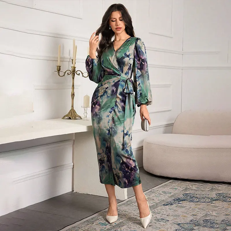 Women's Elegant Abstract Floral V Neck Wrap Midi Dress Long Lantern Sleeve Tie Waist Slim Fit Commuter Work Office Dress Casual Cocktail Party Long Dress 2025 Trendy