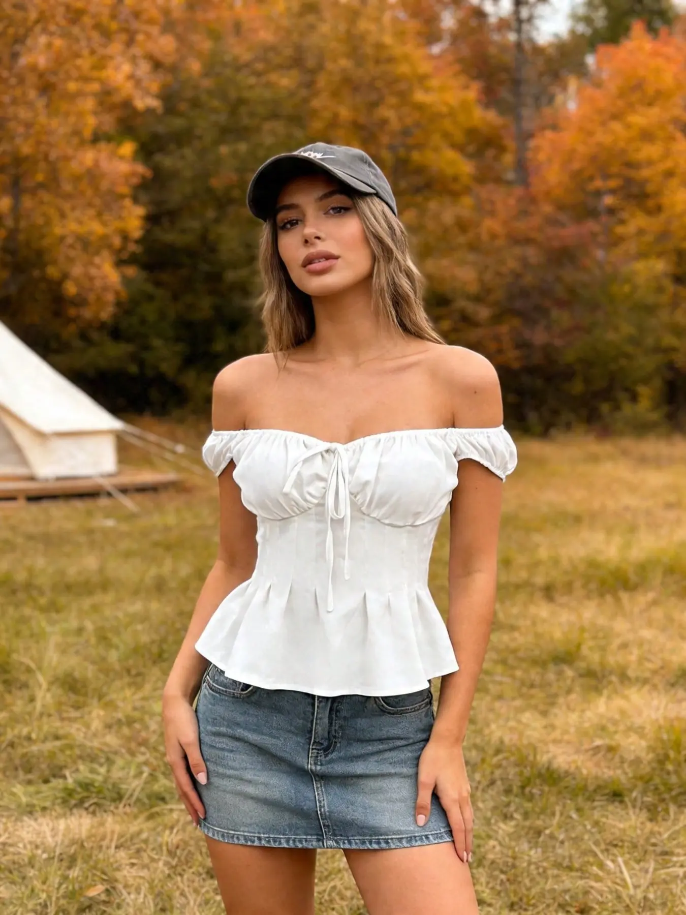 Women's Off‑Shoulder Tie Front Peplum Top, Puff Short Sleeve Ruched Corset Blouse