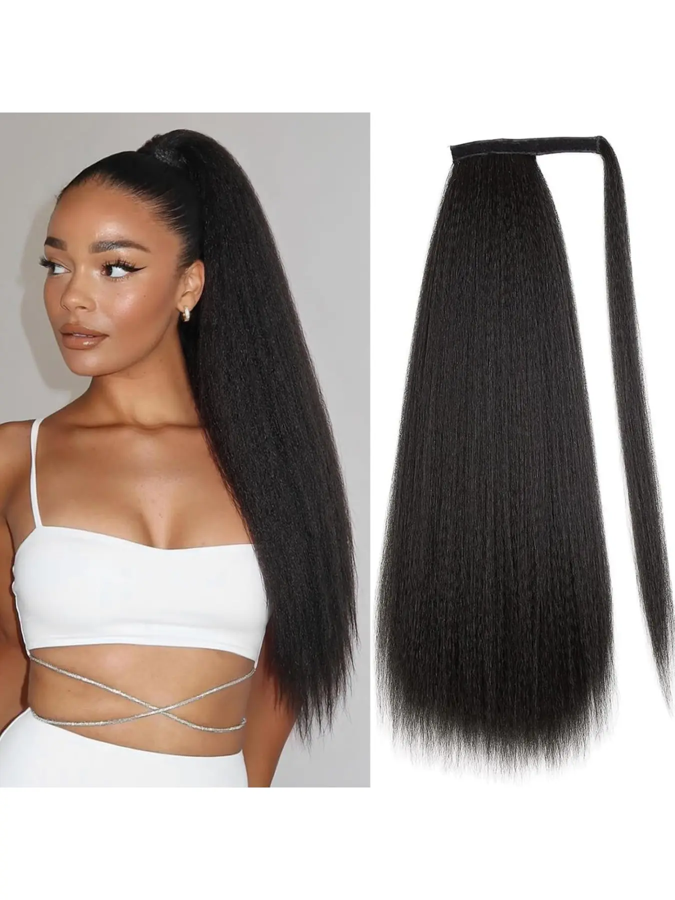 24inch Kinky Straight Ponytail Wrap Around Long Ponytail Extension Natural Black Yaki Ponytail Extension Synthetic Ponytail Hairpieces for Black Women Pony Tails Hair Extensions