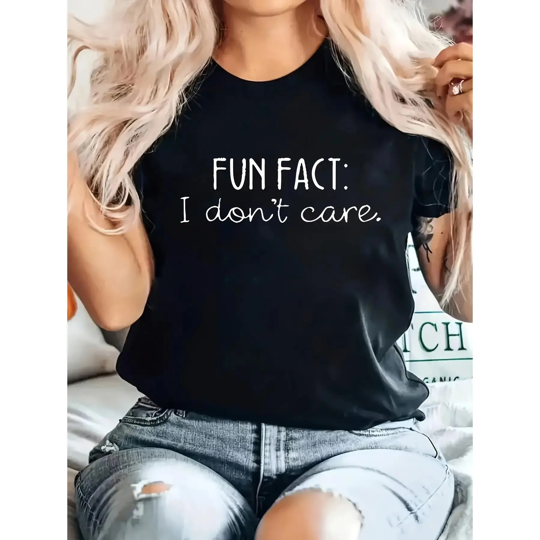 Women's Plus Size Knit Crew Neck Graphic T-Shirt - Bold Alphabet Pattern "Fun Fact: I Don't Care" Print, Stretchy Polyester Blend Short Sleeve Top for Spring/Summer, Machine Washable Sports Top, Graphic T Shirts