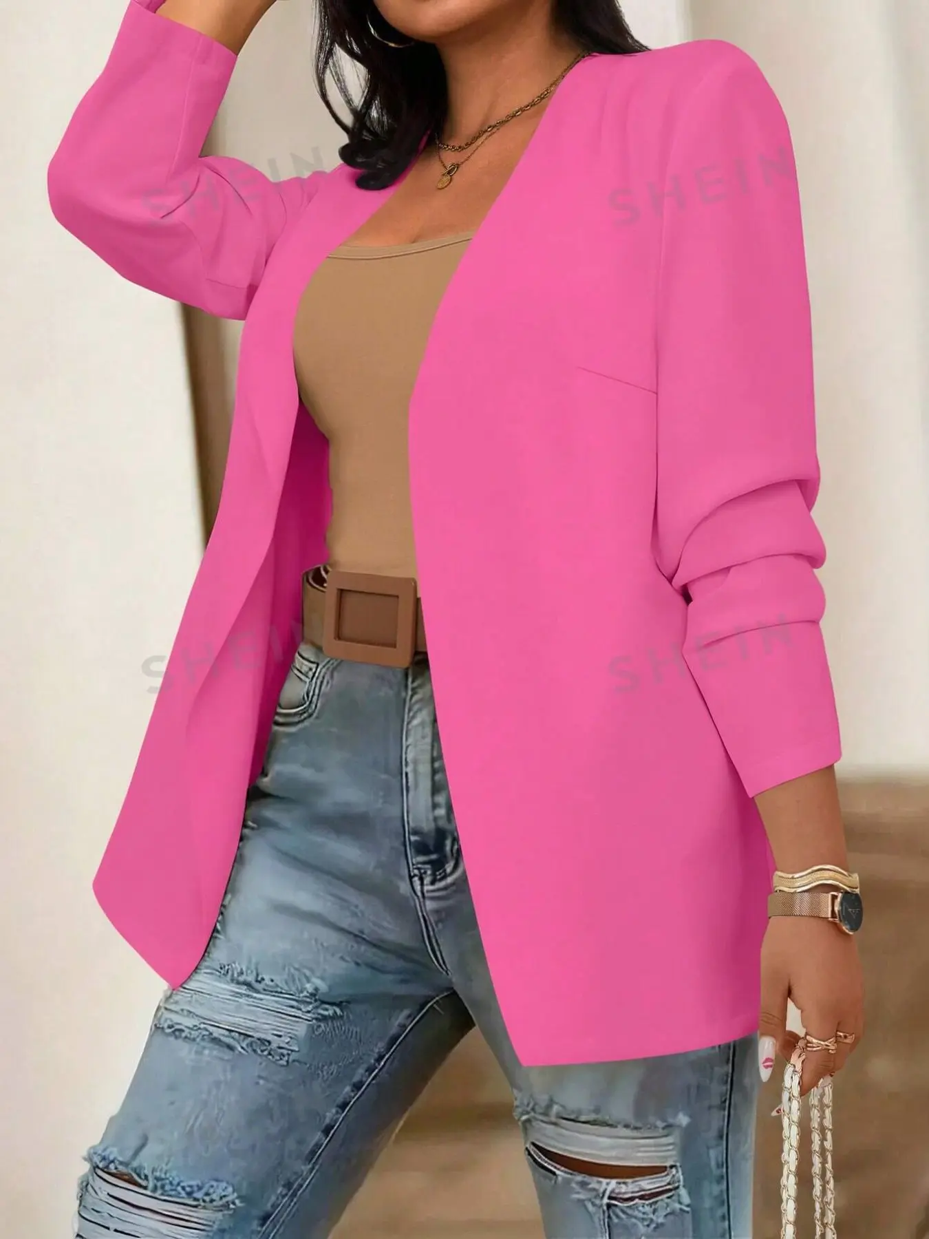 Plus Size Women's V-Neck Blazer Jacket, Long Sleeve Open Front Business Casual Top, Office Wear, Commuter Shirt