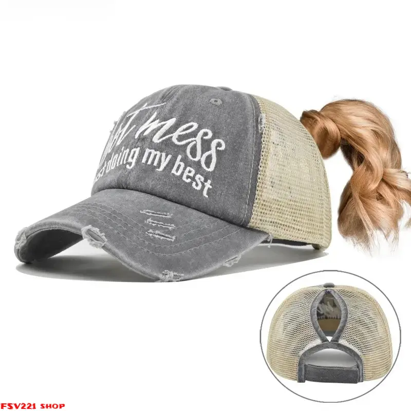 Women's Distressed Baseball Cap with Ponytail Opening, Western-Style Embroidered Sporty Sun Cover Accessory, Accessories For Women Adjustable Distressed Baseball Cap "Hot Mess Just Doing My Best" Slogan Cap for Women sohochic