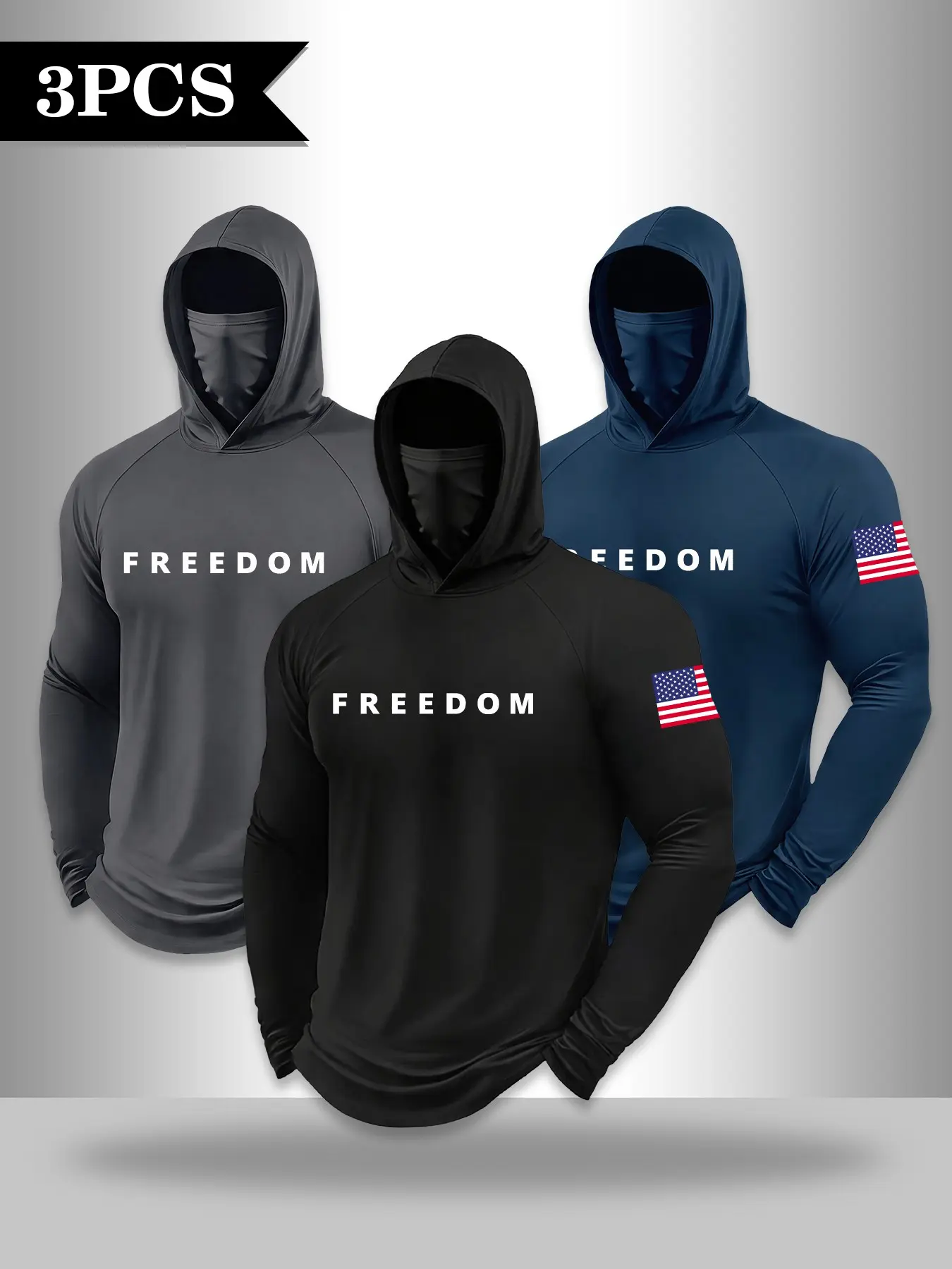 3-piece men's Activewear Athletic hooded long-sleeved T-shirt with mask - FREEDOM letter logo - American flag - outdoor sun protection clothing