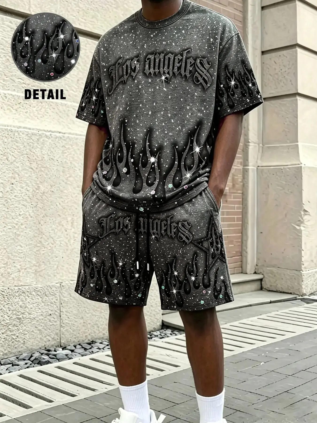 Los Angeles Flame Rhinestone Two-Piece Set Outfit, Distressed Loose Fit T-Shirt + Shorts, Y2K Millennium Street Style, Casual Fashion, Menswear