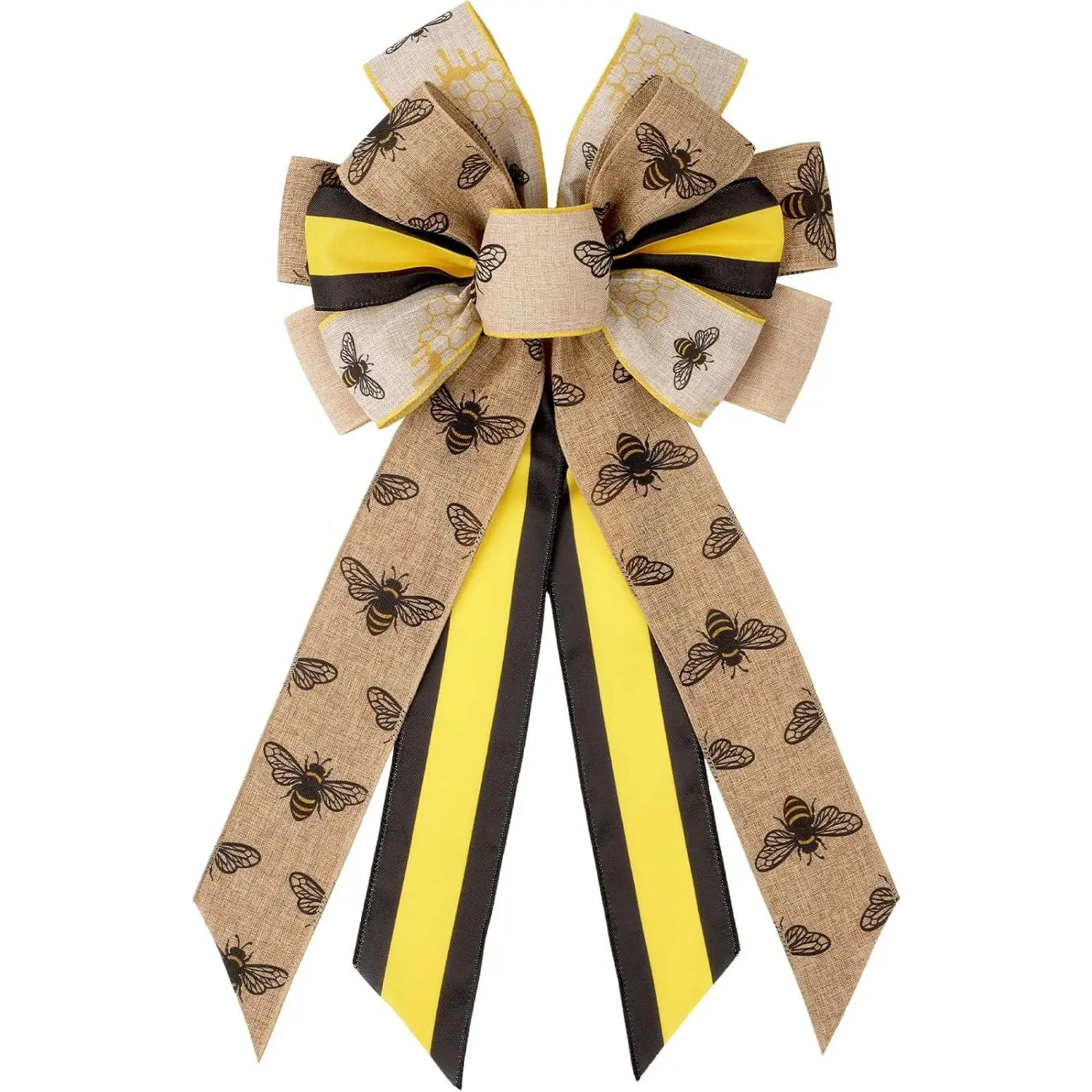 Large Synthetic Layered Ribbons Wreath Bow - Wired Burlap Ribbon Bow, 20.87x11.42 Inch, Modern Decor for Front Door Spring Summer