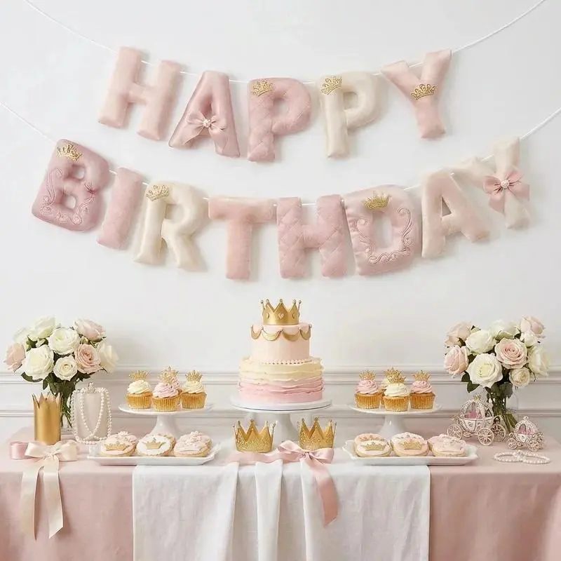 Pink Bow Felt Crown Birthday Banner Hanging Wall Garland Decorations Queen Princess Girls Singles Party Girls Celebrations