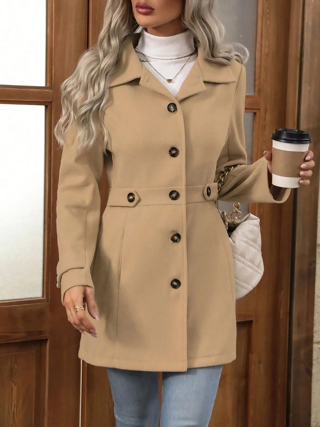 Women's Woolen Coat, Outerwear, Jackets, Casual Button Open Top, Medium to Long Length, Daily Walking Wear, Entertainment Style, 1 Piece