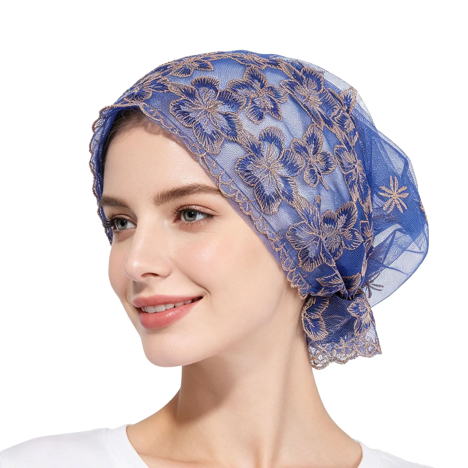 Viral Royal Blue Gold Floral Lace Embroidered Turban Beanie Cap Soft Stretch Full Coverage Bonnet Headwrap Women Church Evening Modest Fashion