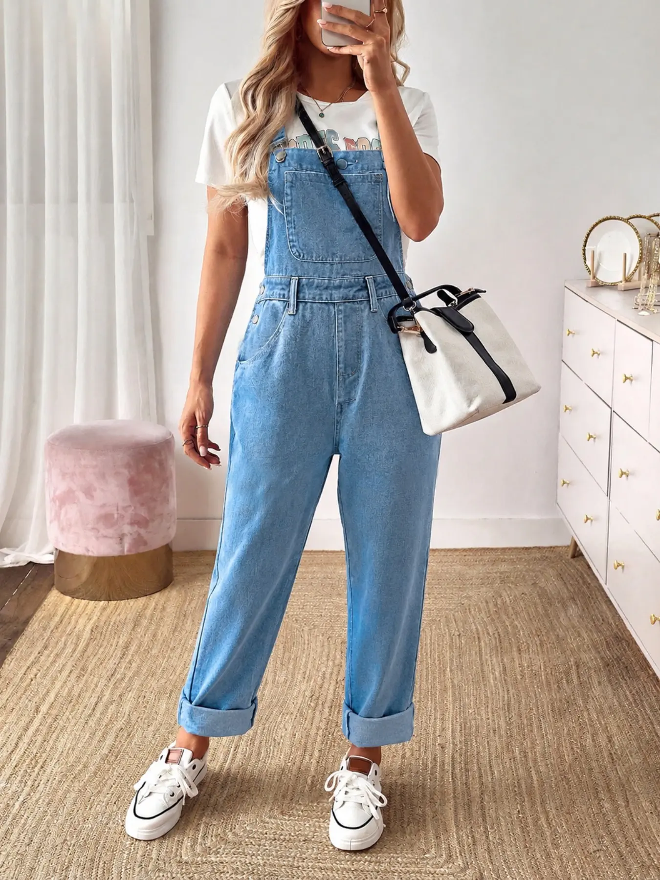 Light Color Non-Elastic Denim Overall Pants for Women, Casual Denim Bib Shorts, Four-Season Wearable Harem Style, Ladies' Denim Long Pants