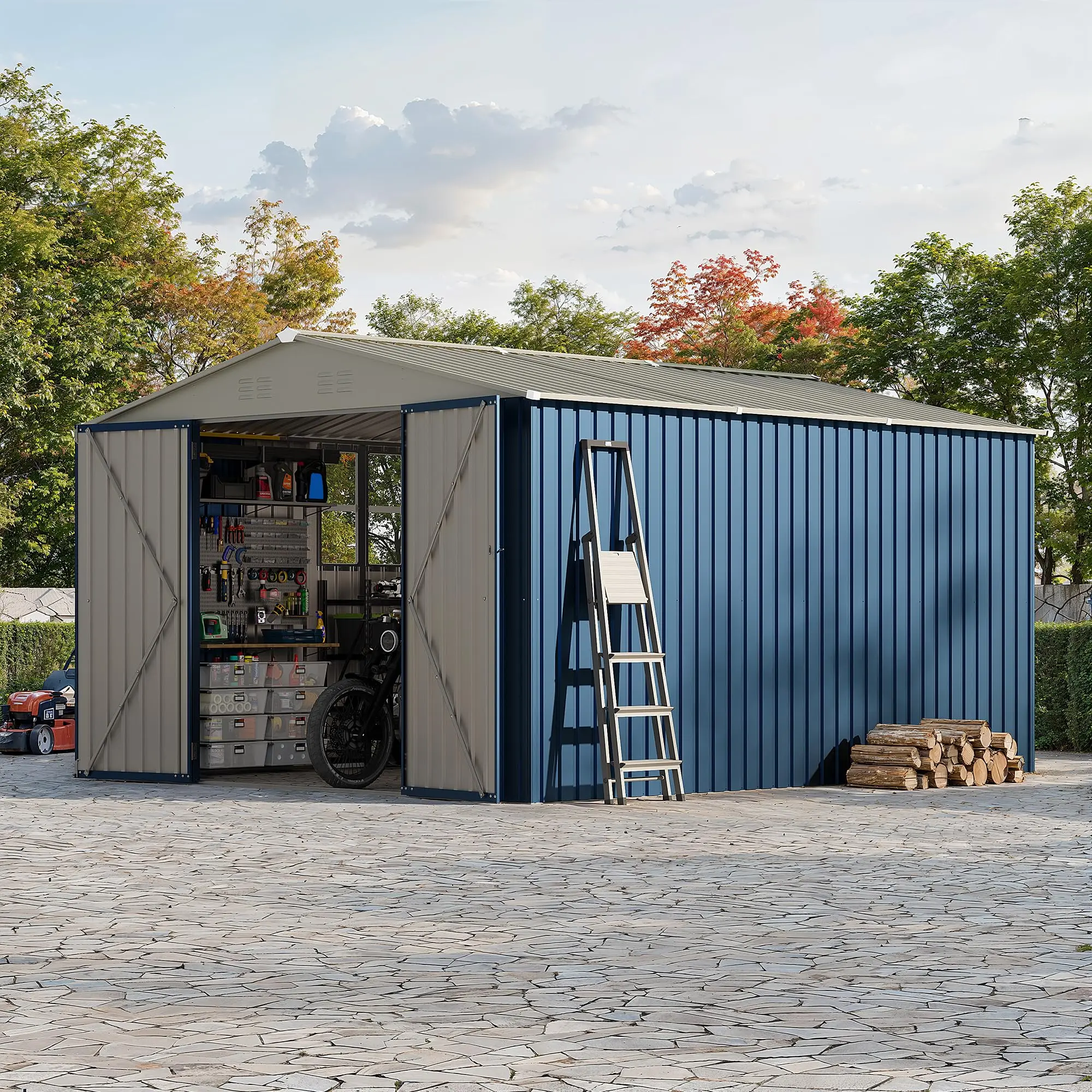 10 x 12 ft Galvanized Steel Outdoor Storage Shed with Floor Frame, Clear Window, Vents, Lockable Doors for Backyard