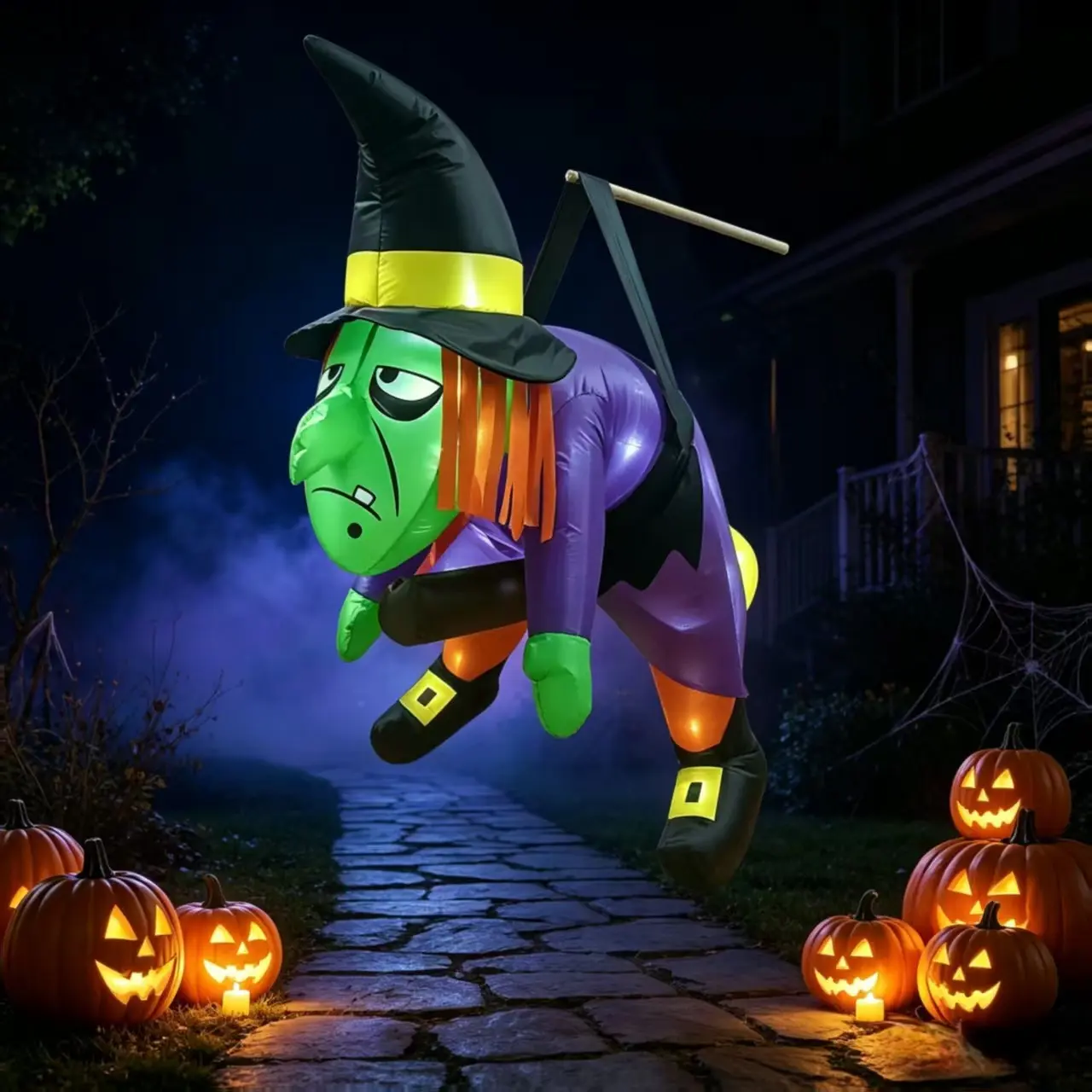 LED Inflatable Witch Halloween Door Hanging Balloon, Glowing Ghost Courtyard Decoration, Outdoor Night Light Window Decor, Halloween Spirit LED Inflatable Yard Balloon