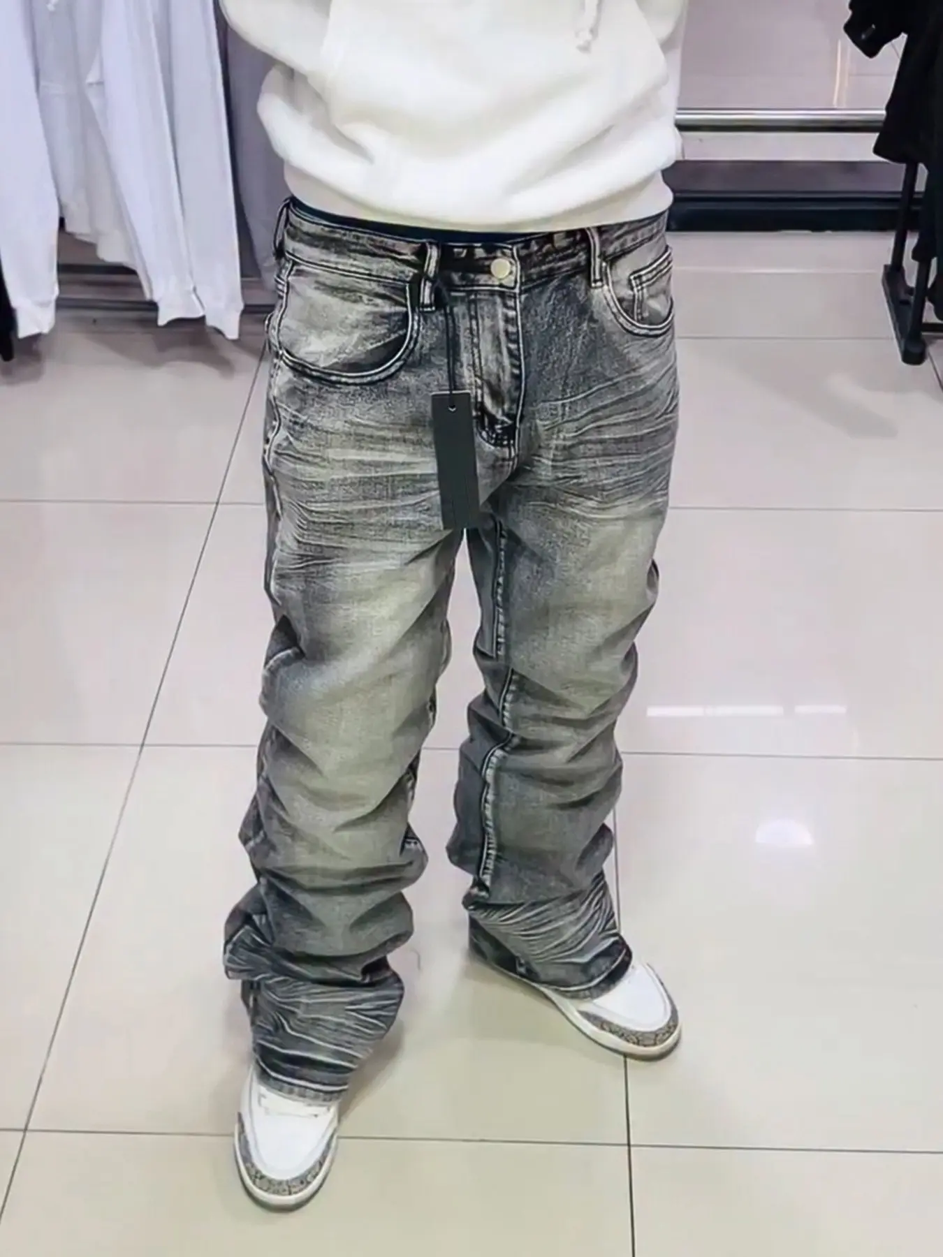 Washed Micro Flare Jeans, Distressed Denim Pants, Streetwear Flare Jeans for Casual Daily Wear Washed Micro Flare Jeans, Distressed Denim Pants, Streetwear Flare Jeans for Casual Daily Wear