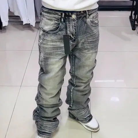 Washed Micro Flare Jeans, Distressed Denim, Streetwear Flare Jeans for Casual Daily Wear Pants