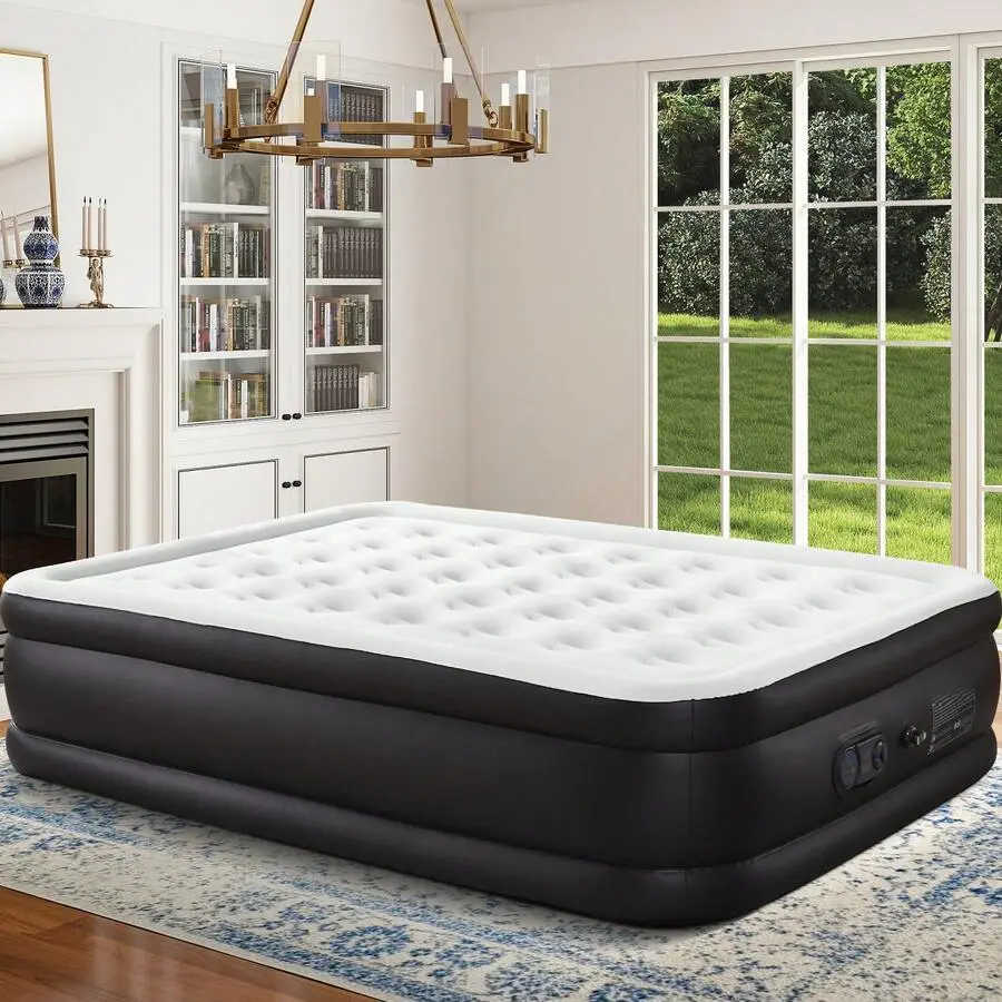 Double Height Inflatable Air Mattress with BuiltIn Electric Pump NonSlip Bottom Portable for Home Camping Waterproof Guest Bed Thick Flocked Surface Rectangular Design