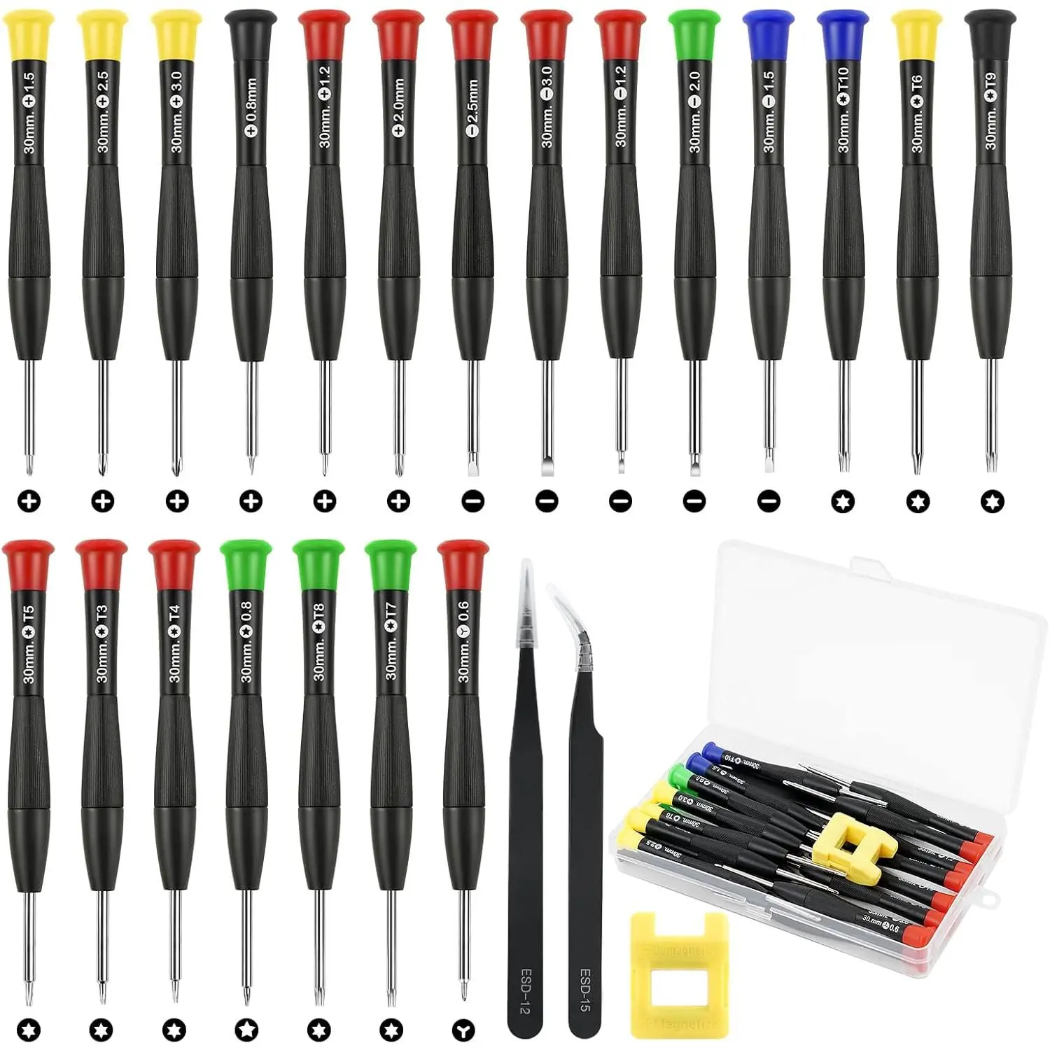 Mini Screwdriver Set, 24PCS Small Screwdriver with Tweezers & Magnetizer Flathead Pentalobe Torx Star Screwdriver Kit Tool for Repairing Eyeglass Phone Watch